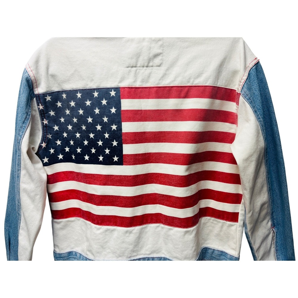 Fuse Paris M Denim Bomber Jacket USA Flag‎ Stars Stripes Trucker Moto VTG Unisex - Picture 6 of 15